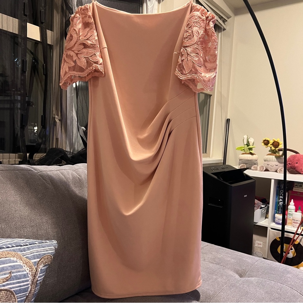 Elegant Off-Shoulder Pink Dress with Lace Sleeve